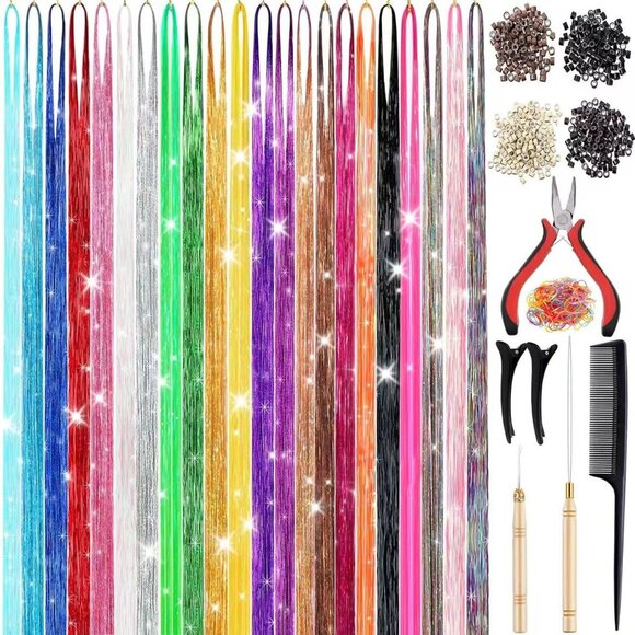 22 Colors 7700 Strands Hair Tinsel Kit, 48 Inch Glitter Tinsel Hair Extensions f - Picture 1 of 6